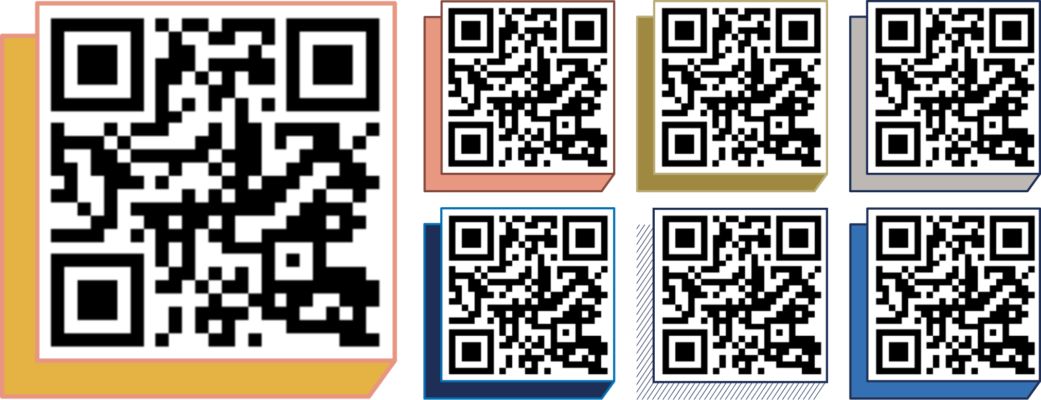 Qr code containers in various brand colors.