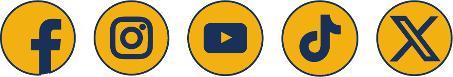 Icons for Facebook, Instagram, YouTube, Tiktok, and X in gold circles.