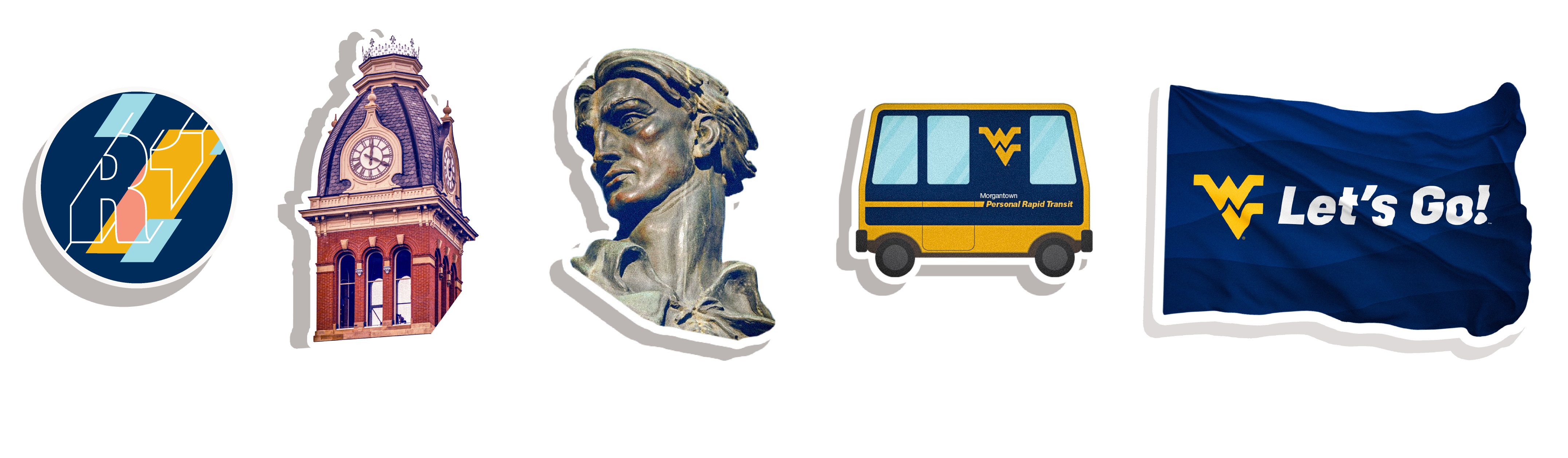 WVU stickers including the R1, Woodburn clock tower, Mountaineer statue, PRT, 'Let's GO!' flag.