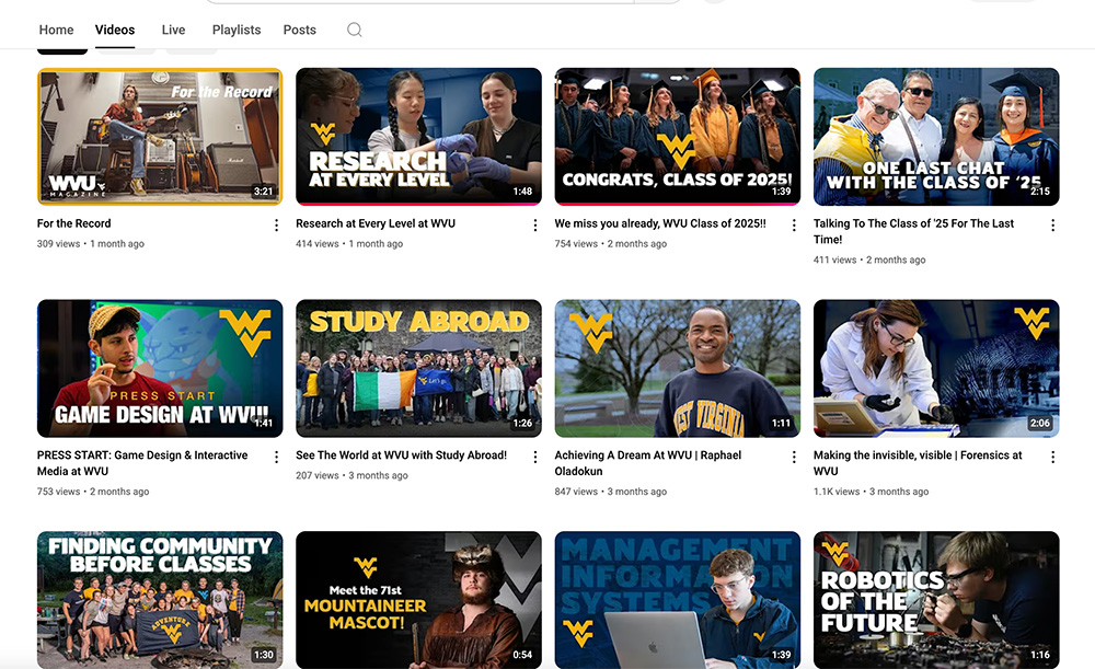 A screenshot of WVU’s YouTube page demonstrating the qualities of strong thumbnail image