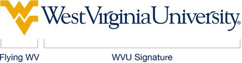 A diagram of the WVU logo showing the placement of the Flying WV and WVU Signature